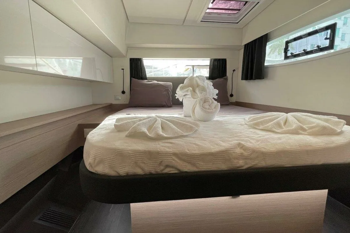 Cabin on Ogibni, a Fountaine Pajot Elba 45 catamaran at Road Town, British Virgin Islands