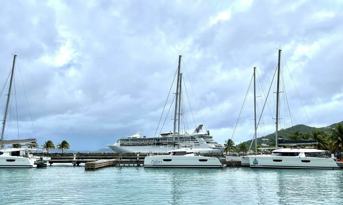 Exterior view of Ogibni, a Fountaine Pajot Elba 45 catamaran at Road Town, British Virgin Islands