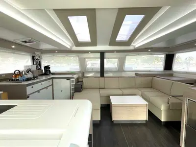 Salon of Ogibni, a Fountaine Pajot Elba 45 catamaran at Road Town, British Virgin Islands