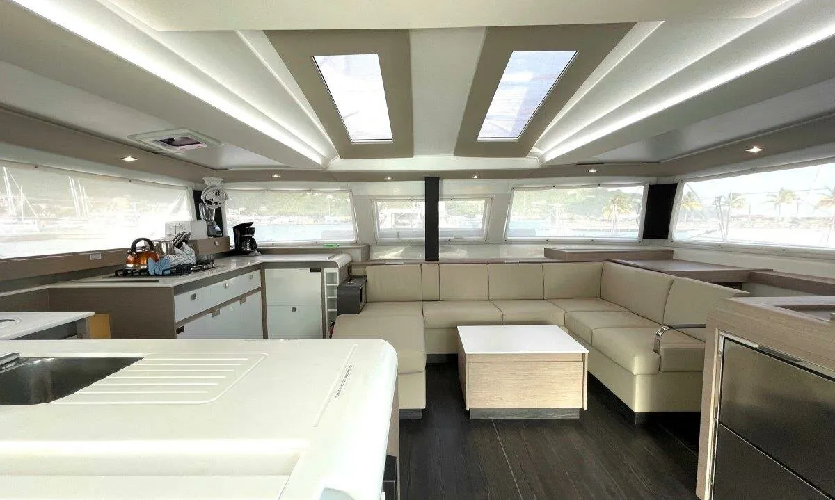 Salon of Ogibni, a Fountaine Pajot Elba 45 catamaran at Road Town, British Virgin Islands