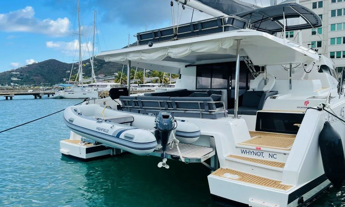 Deck of Ogibni, a Fountaine Pajot Elba 45 catamaran at Road Town, British Virgin Islands