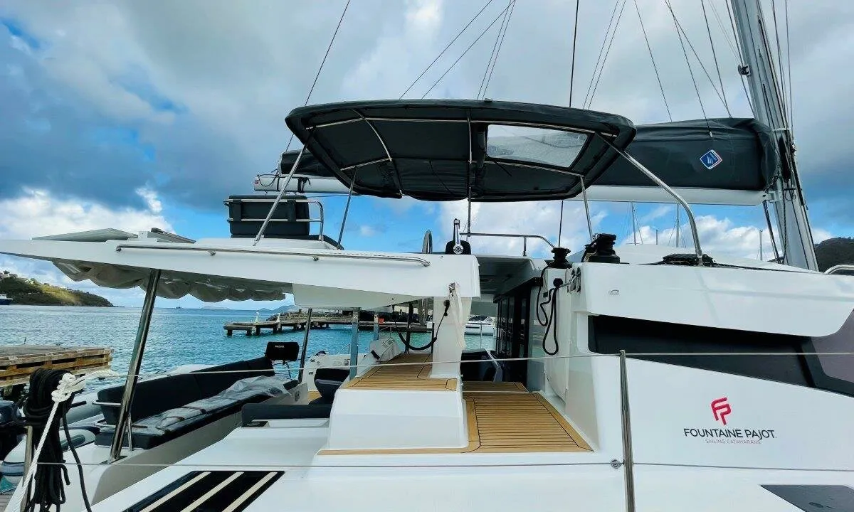 Deck of Ogibni, a Fountaine Pajot Elba 45 catamaran at Road Town, British Virgin Islands