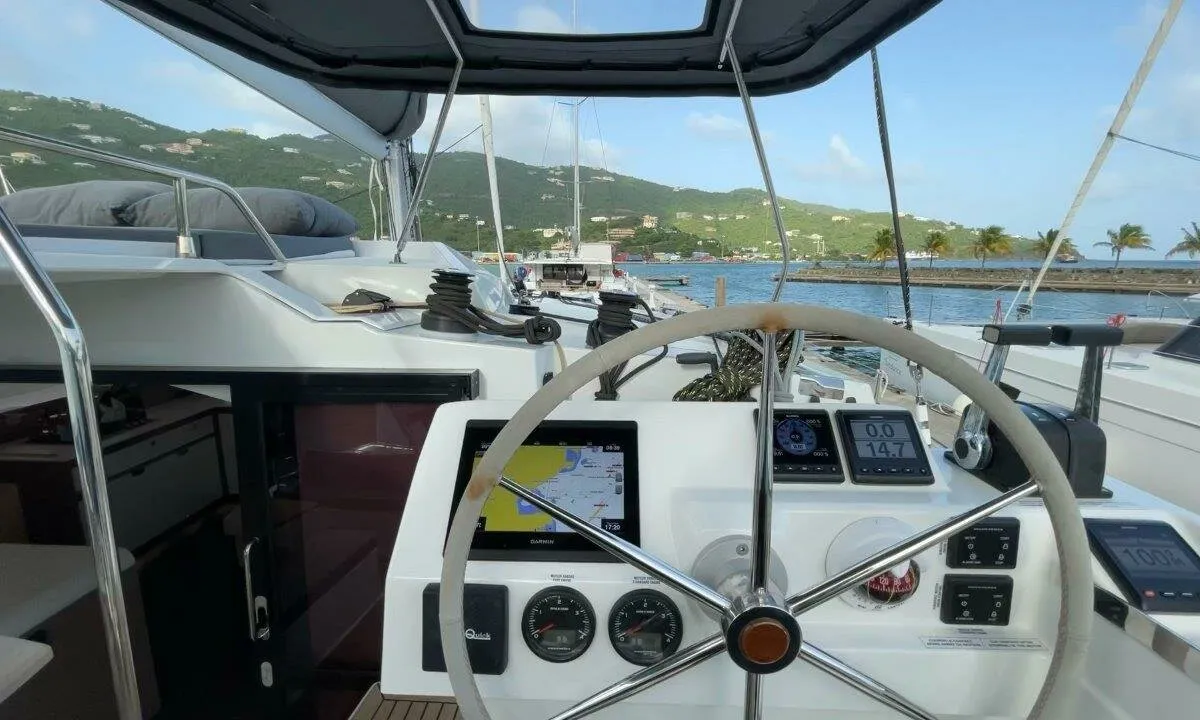 Cockpit of Ogibni, a Fountaine Pajot Elba 45 catamaran at Road Town, British Virgin Islands