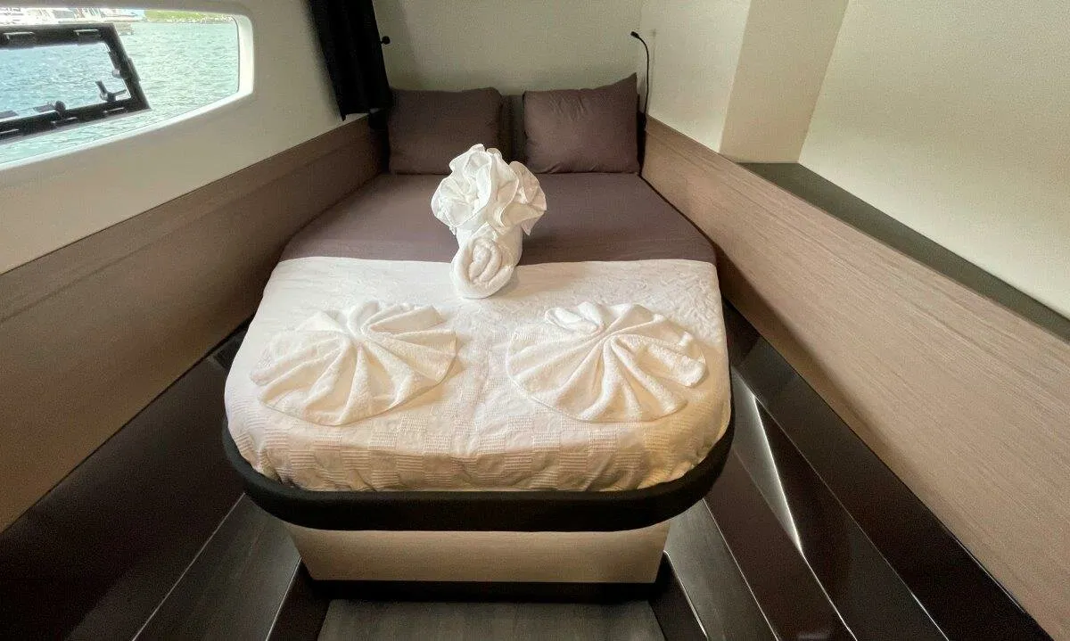 Cabin on Ogibni, a Fountaine Pajot Elba 45 catamaran at Road Town, British Virgin Islands