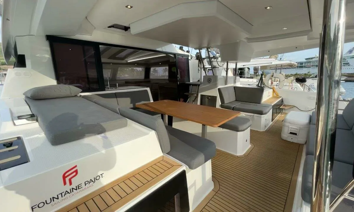 Deck of Ogibni, a Fountaine Pajot Elba 45 catamaran at Road Town, British Virgin Islands