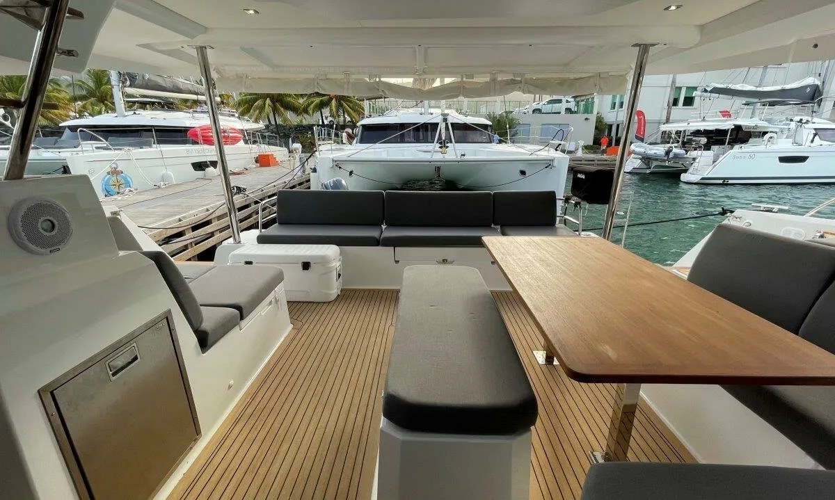 Deck of Ogibni, a Fountaine Pajot Elba 45 catamaran at Road Town, British Virgin Islands