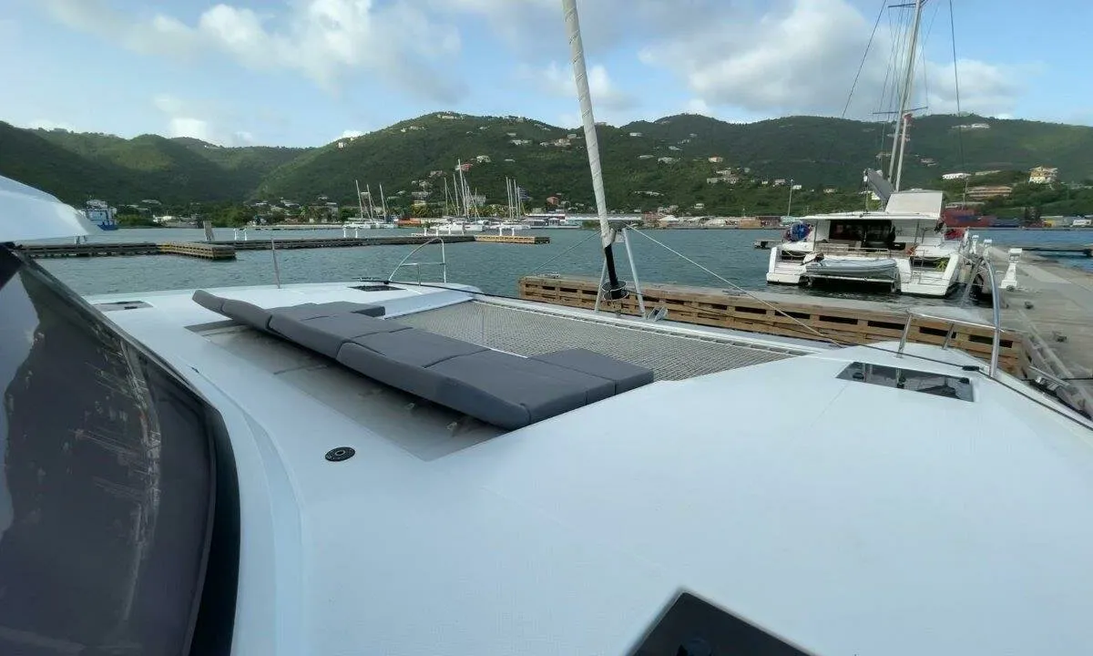 Deck of Ogibni, a Fountaine Pajot Elba 45 catamaran at Road Town, British Virgin Islands