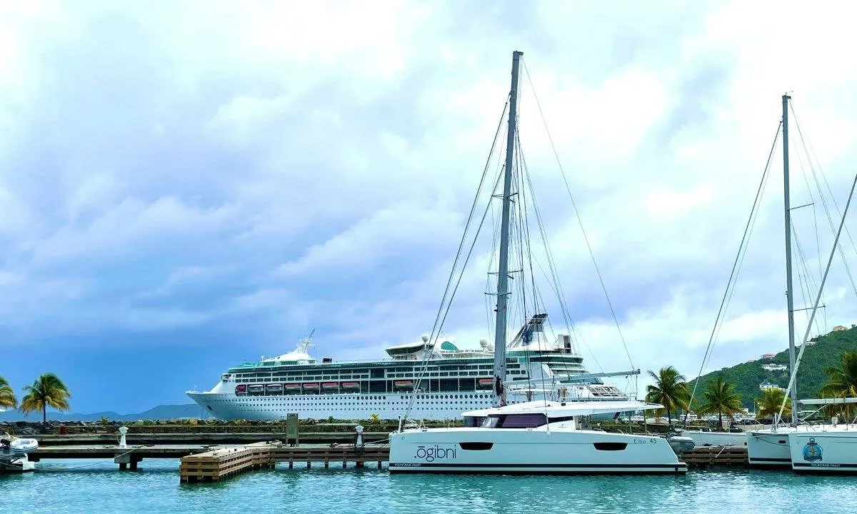 Exterior view of Ogibni, a Fountaine Pajot Elba 45 catamaran at Road Town, British Virgin Islands
