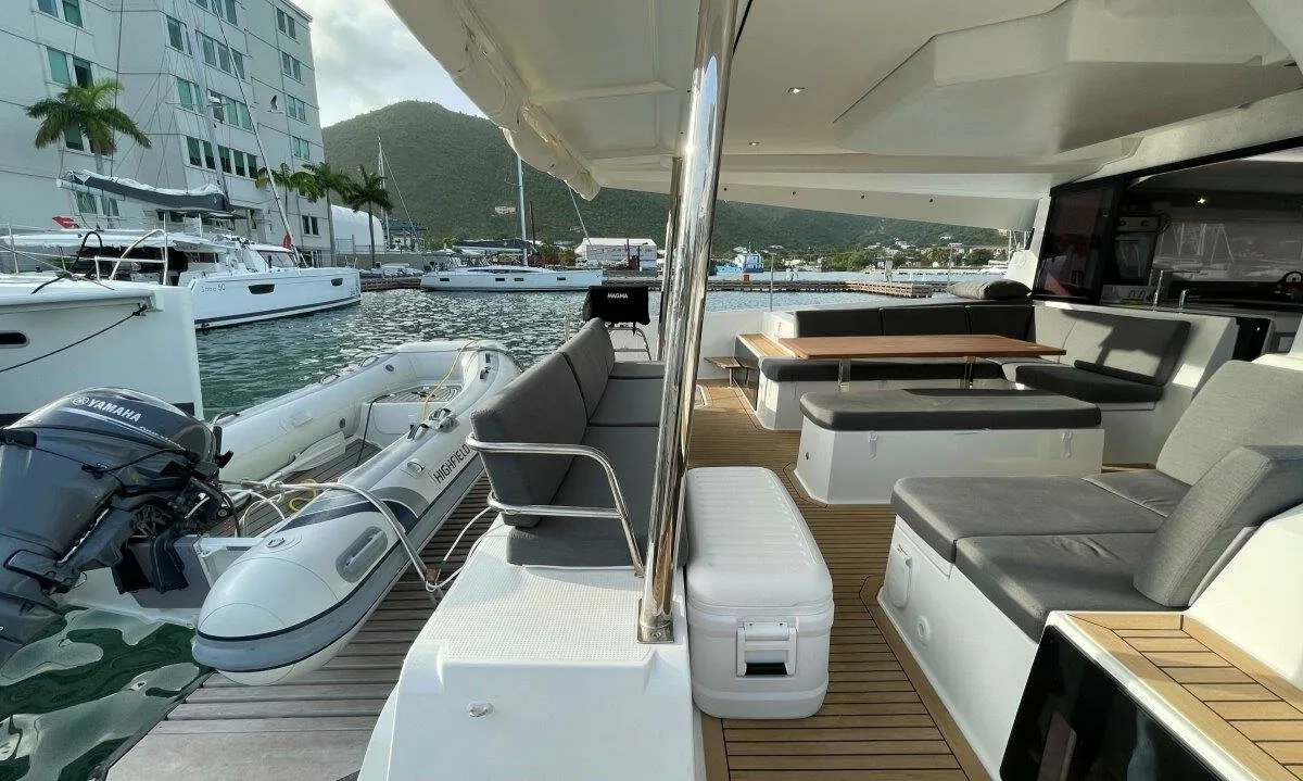Deck of Ogibni, a Fountaine Pajot Elba 45 catamaran at Road Town, British Virgin Islands