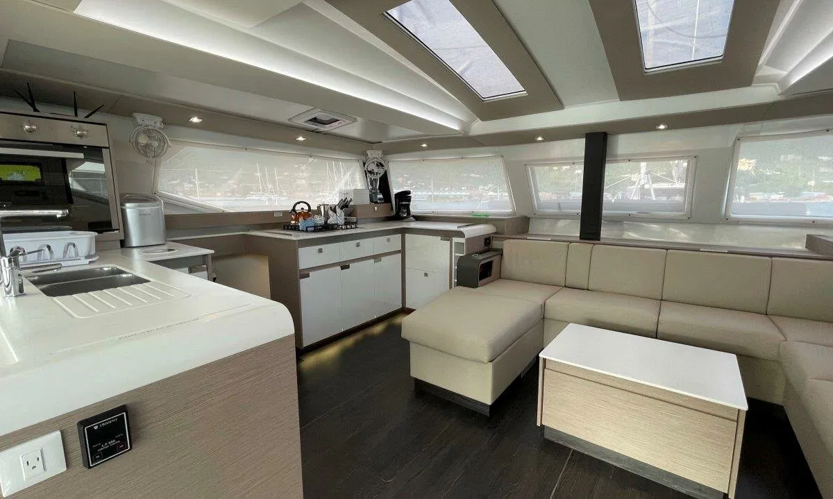 Salon of Ogibni, a Fountaine Pajot Elba 45 catamaran at Road Town, British Virgin Islands