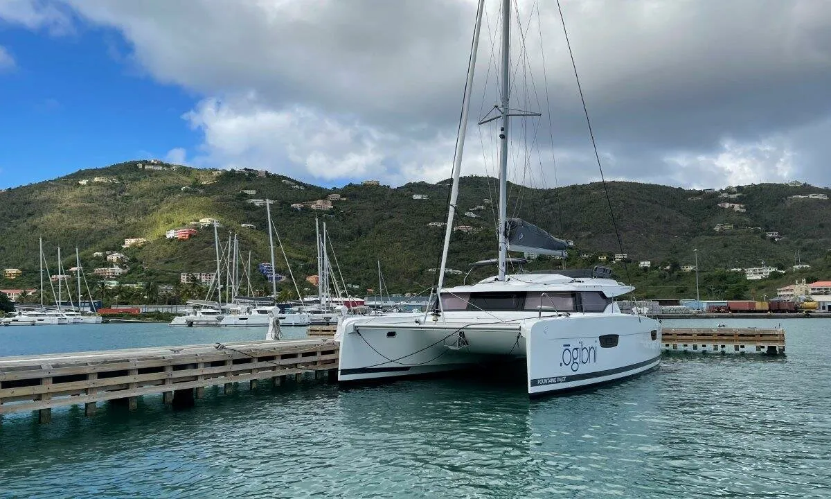 Exterior view of Ogibni, a Fountaine Pajot Elba 45 catamaran at Road Town, British Virgin Islands