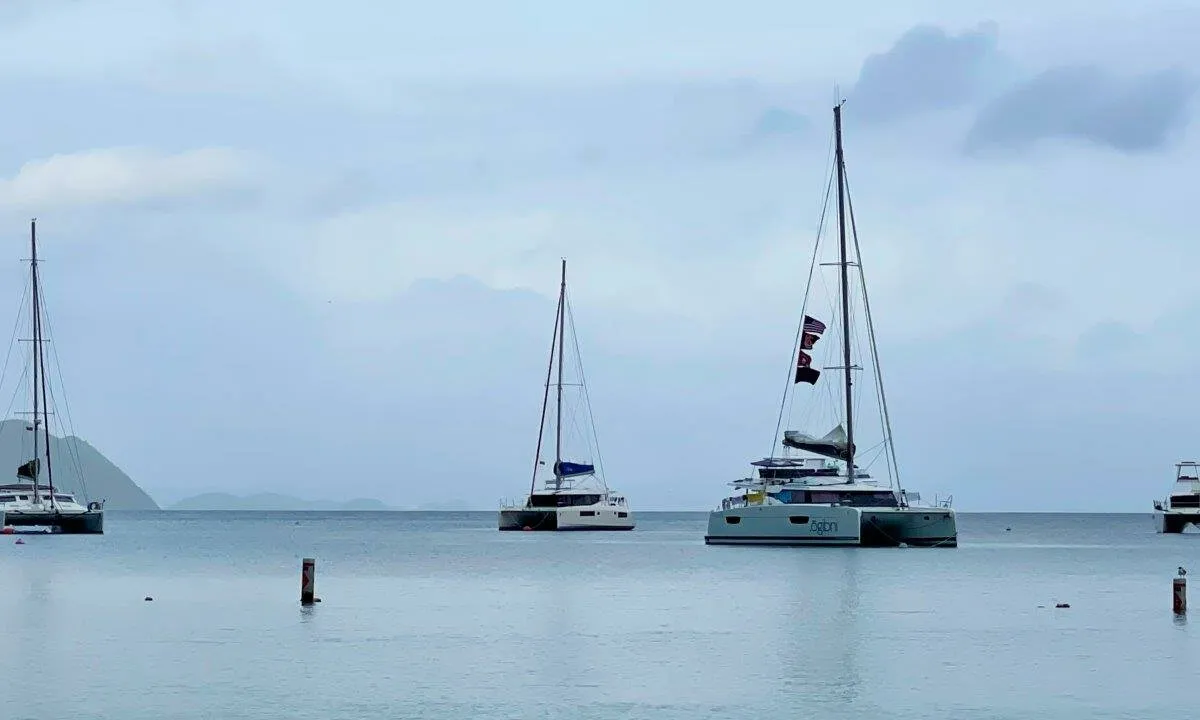 Exterior view of Ogibni, a Fountaine Pajot Elba 45 catamaran at Road Town, British Virgin Islands
