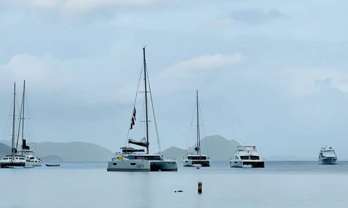 Exterior view of Ogibni, a Fountaine Pajot Elba 45 catamaran at Road Town, British Virgin Islands