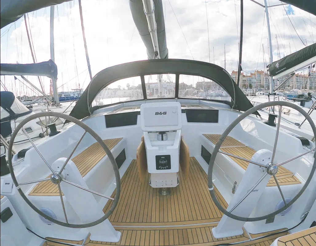 Cockpit of Jam, a Hanse 418 sailboat at Hyères, France