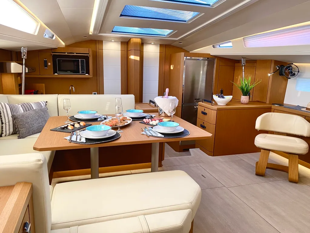 Salon of Euphoria, a Jeanneau 60 sailboat at Nea Peramos, Greece
