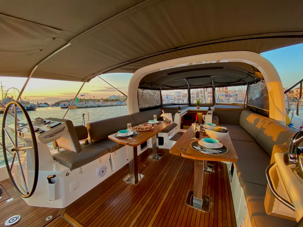 Deck of Euphoria, a Jeanneau 60 sailboat at Nea Peramos, Greece