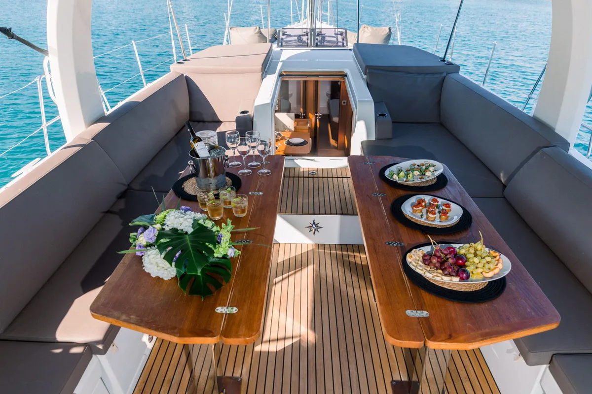 Deck of Euphoria, a Jeanneau 60 sailboat at Nea Peramos, Greece