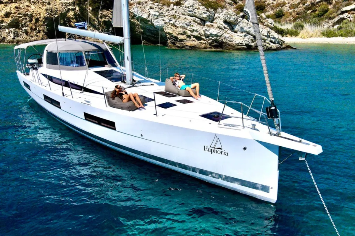 Exterior view of Euphoria, a Jeanneau 60 sailboat at Nea Peramos, Greece