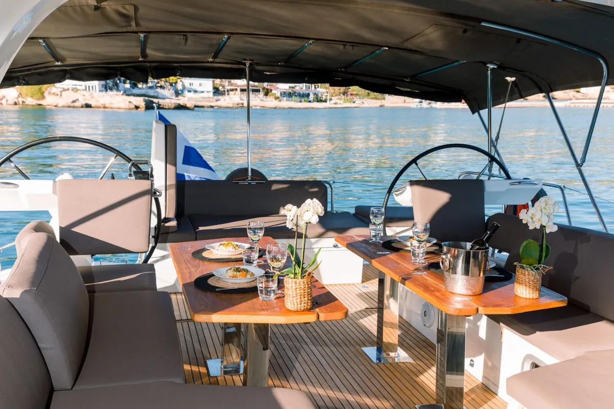 Deck of Euphoria, a Jeanneau 60 sailboat at Nea Peramos, Greece