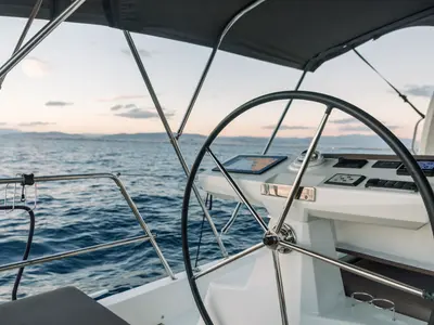 Cockpit of Euphoria, a Jeanneau 60 sailboat at Nea Peramos, Greece