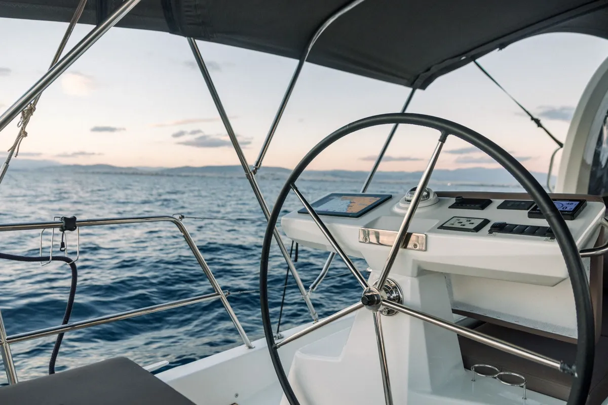 Cockpit of Euphoria, a Jeanneau 60 sailboat at Nea Peramos, Greece