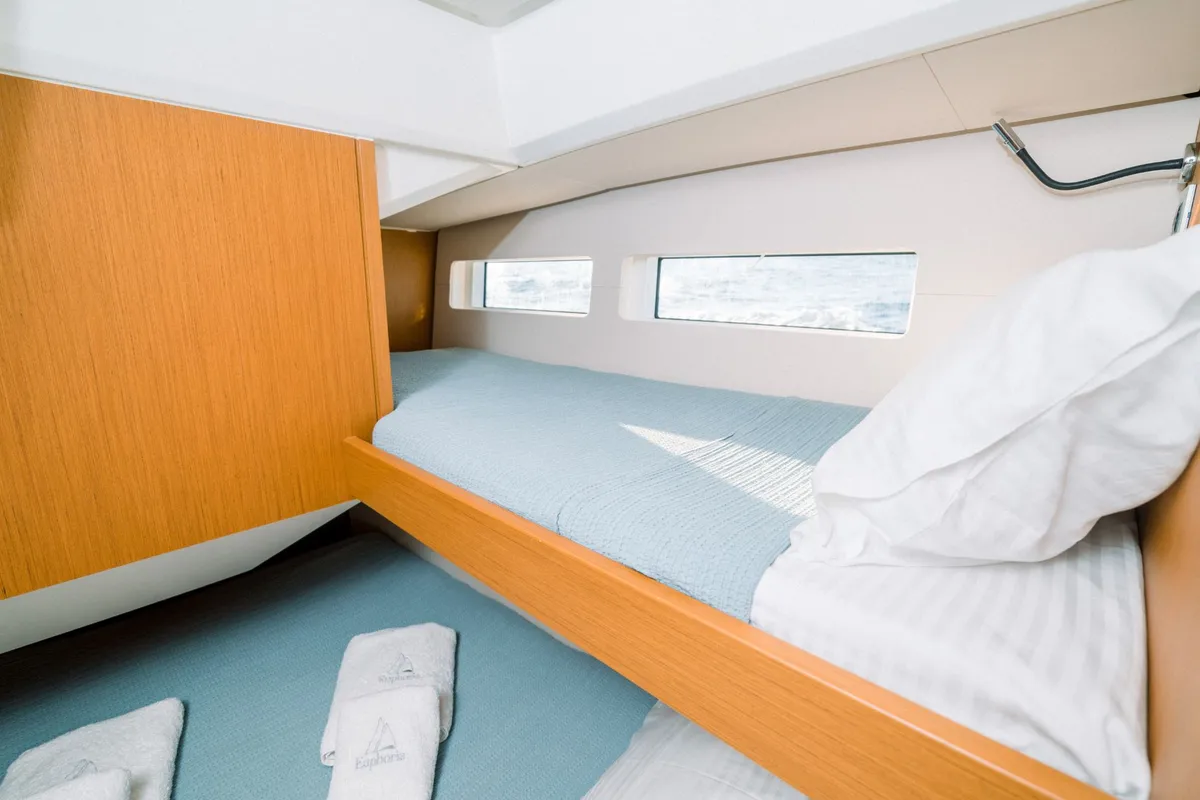 Cabin on Euphoria, a Jeanneau 60 sailboat at Nea Peramos, Greece