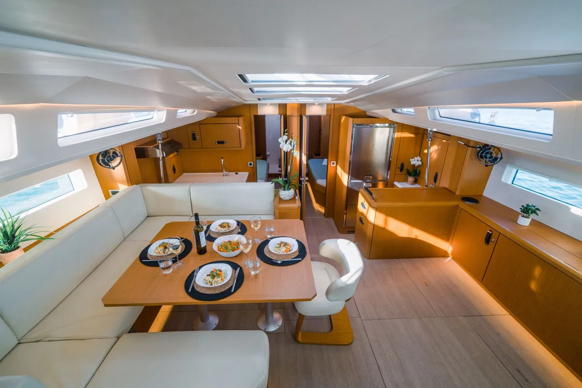 Salon of Euphoria, a Jeanneau 60 sailboat at Nea Peramos, Greece