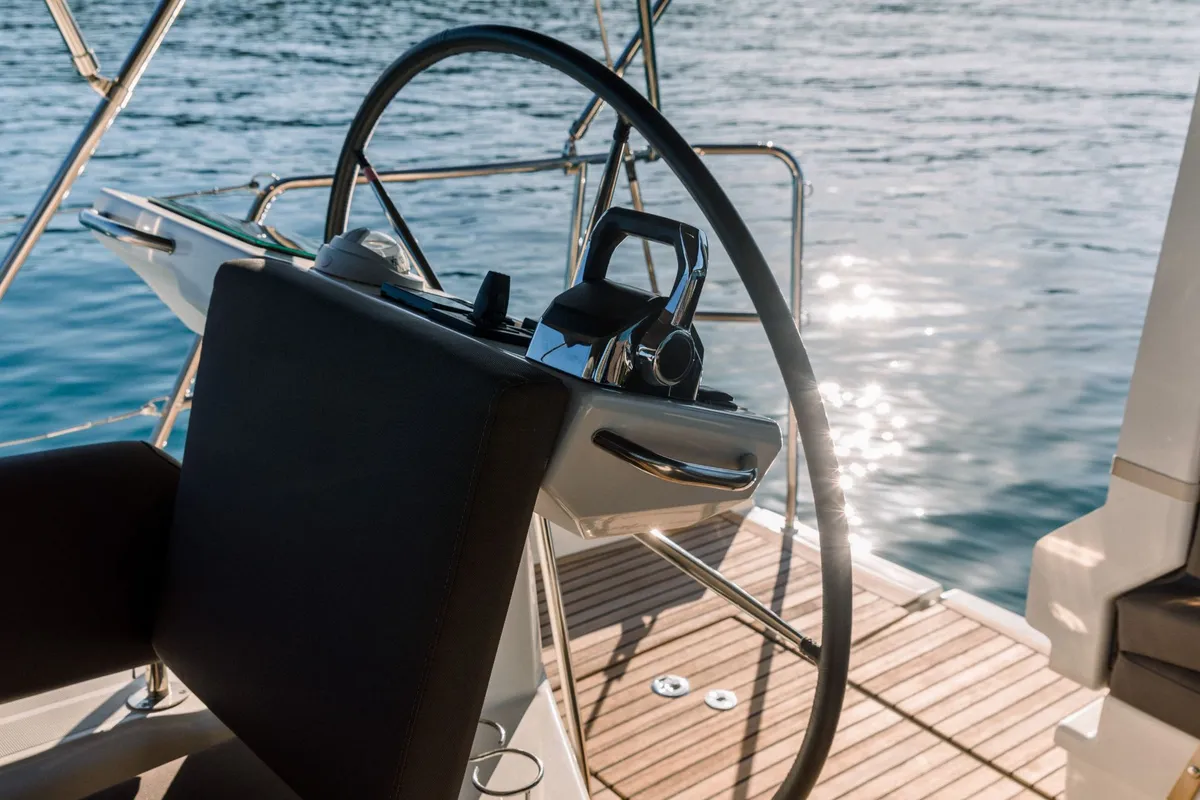 Cockpit of Euphoria, a Jeanneau 60 sailboat at Nea Peramos, Greece