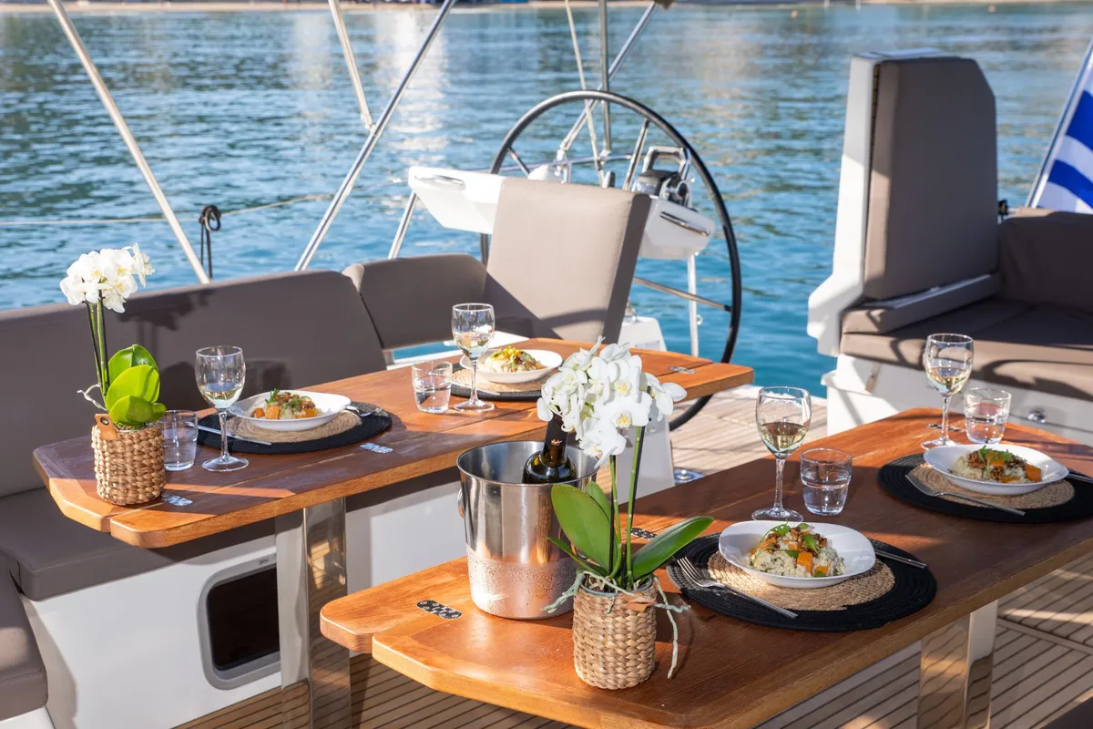 Deck of Euphoria, a Jeanneau 60 sailboat at Nea Peramos, Greece