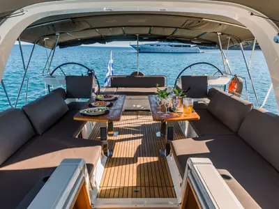 Deck of Euphoria, a Jeanneau 60 sailboat at Nea Peramos, Greece