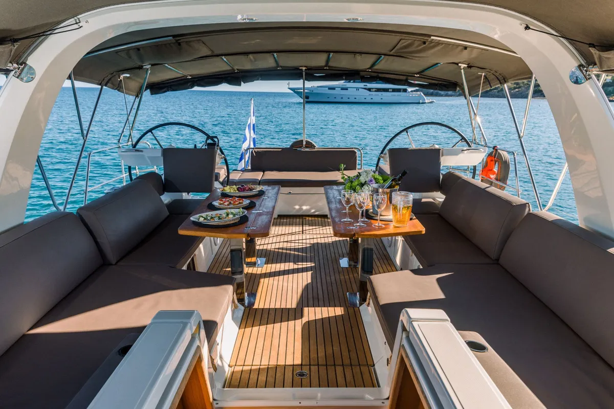 Deck of Euphoria, a Jeanneau 60 sailboat at Nea Peramos, Greece