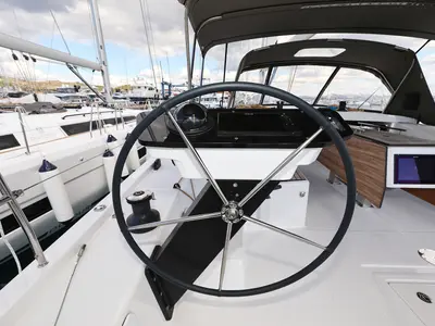 Cockpit of Blue Wave, a Dufour 470 sailboat at Primošten, Croatia