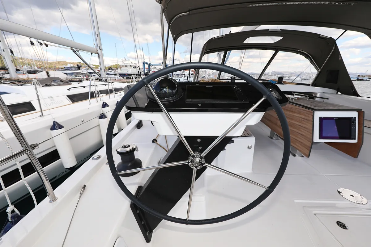 Cockpit of Blue Wave, a Dufour 470 sailboat at Primošten, Croatia
