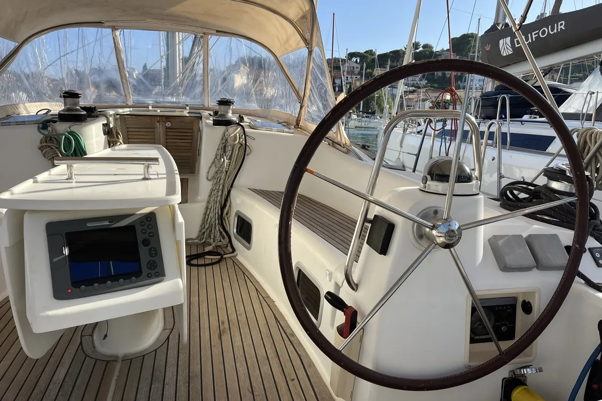 Cockpit of Calypso, a Beneteau Oceanis 50 sailboat at Ajaccio, France