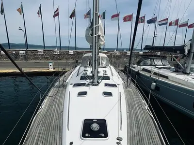 Deck of Calypso, a Beneteau Oceanis 50 sailboat at Ajaccio, France