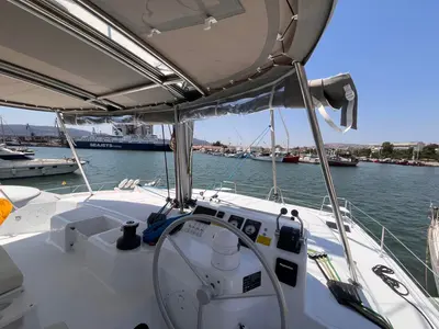 Cockpit of Wiseas, a Bali Catspace catamaran at Volos, Greece