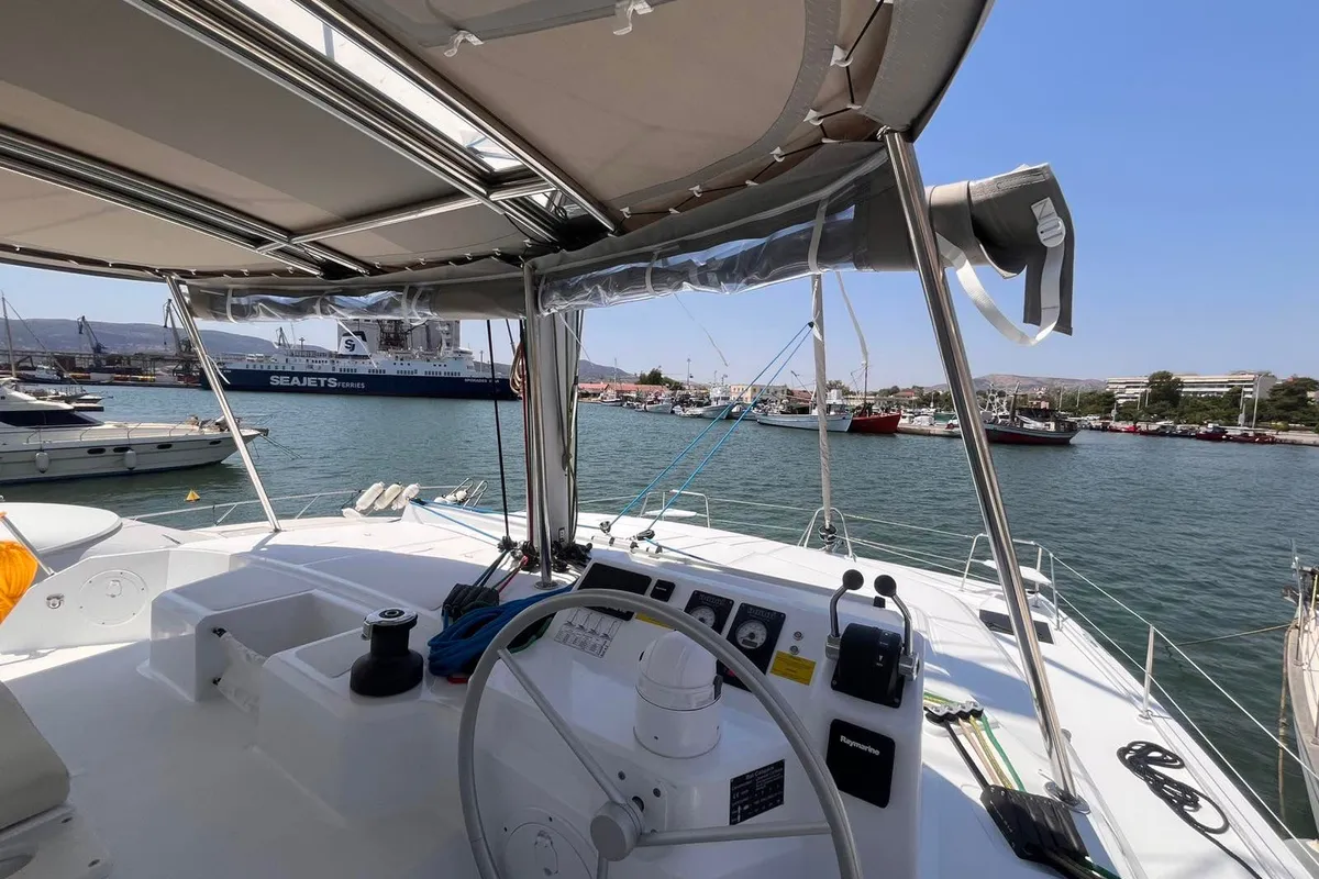 Cockpit of Wiseas, a Bali Catspace catamaran at Volos, Greece