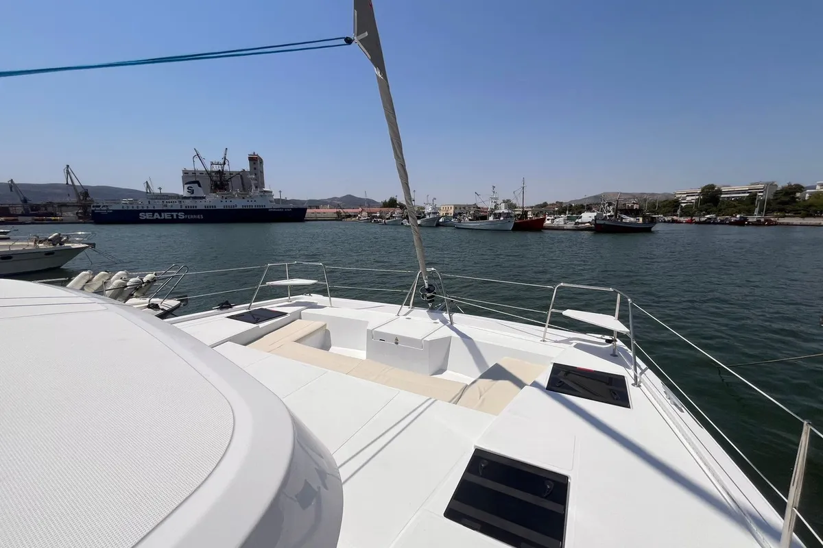 Deck of Wiseas, a Bali Catspace catamaran at Volos, Greece