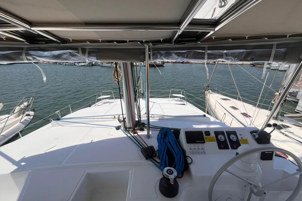 Cockpit of Wiseas, a Bali Catspace catamaran at Volos, Greece