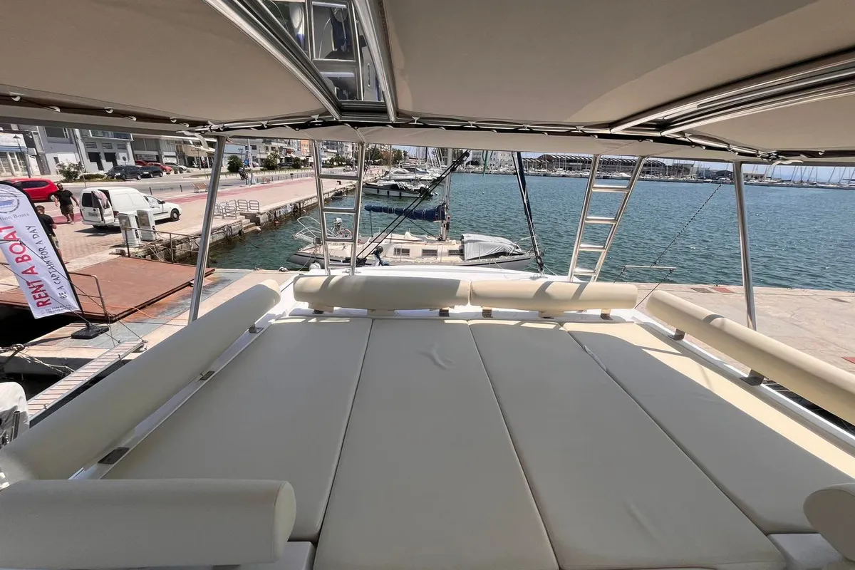 Deck of Wiseas, a Bali Catspace catamaran at Volos, Greece