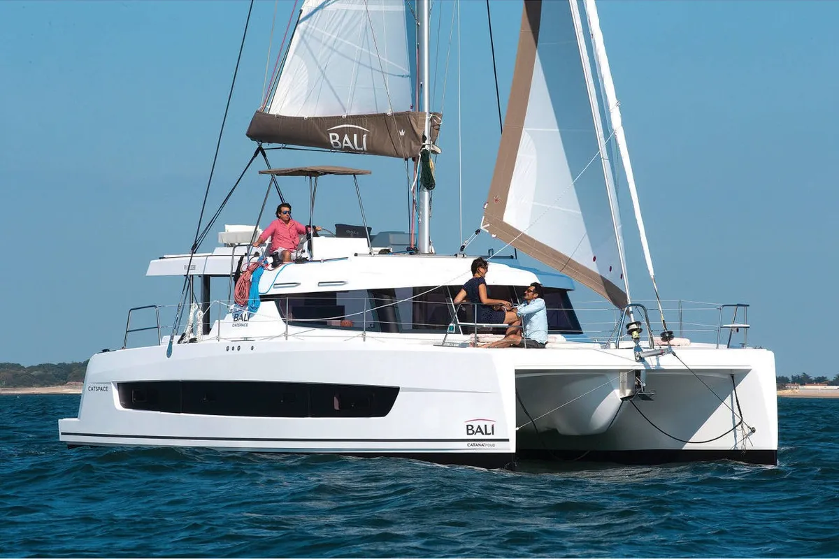 Exterior view of Wiseas, a Bali Catspace catamaran at Volos, Greece