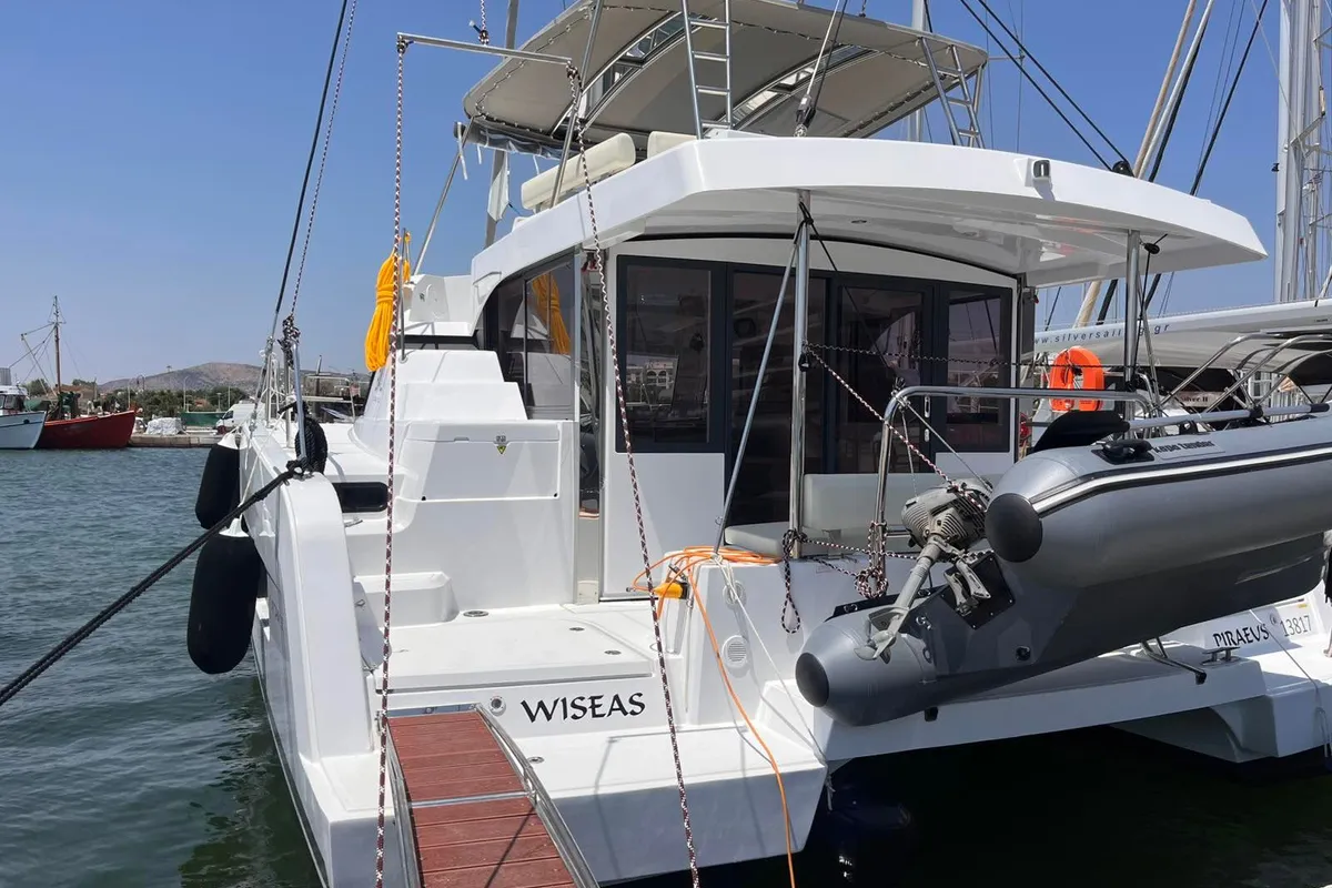 Exterior view of Wiseas, a Bali Catspace catamaran at Volos, Greece
