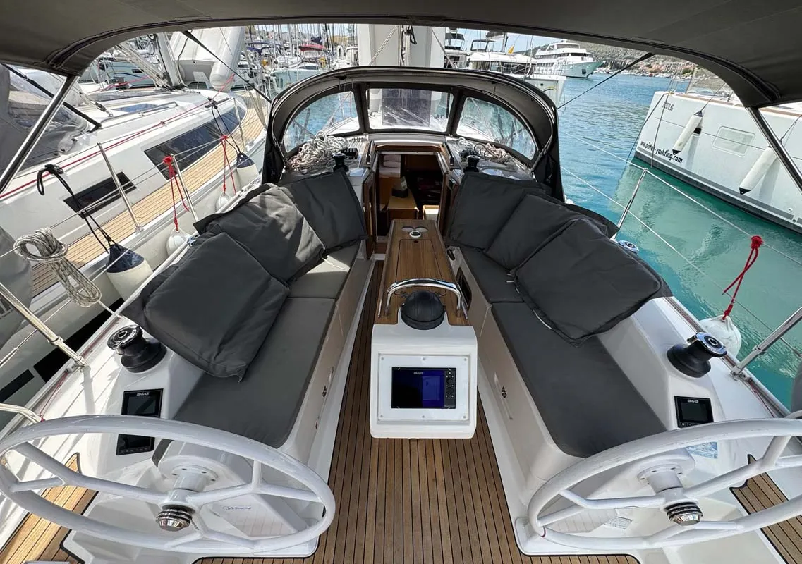 Cockpit of Opal, a Bavaria Cruiser 34 Style sailboat at Grad Trogir, Croatia