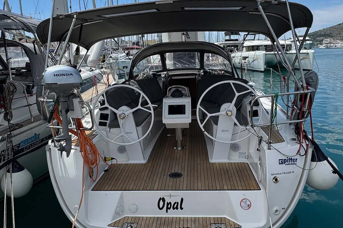 Cockpit of Opal, a Bavaria Cruiser 34 Style sailboat at Grad Trogir, Croatia