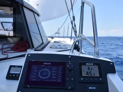 Cockpit of ORION, a Nautitech 40 Open catamaran at Pula, Croatia