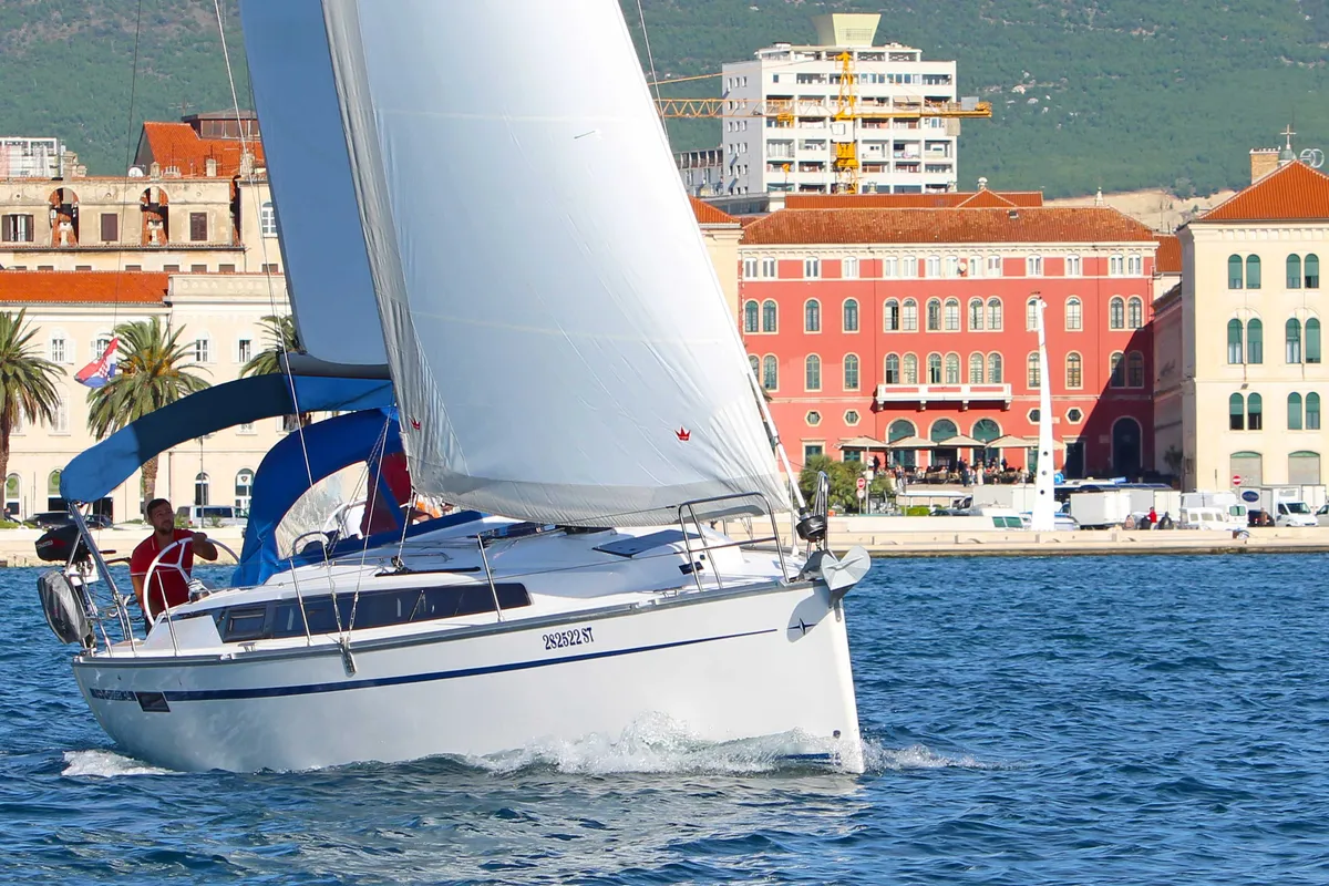 Exterior view of Lilith, a Bavaria Cruiser 34 sailboat at Split, Croatia