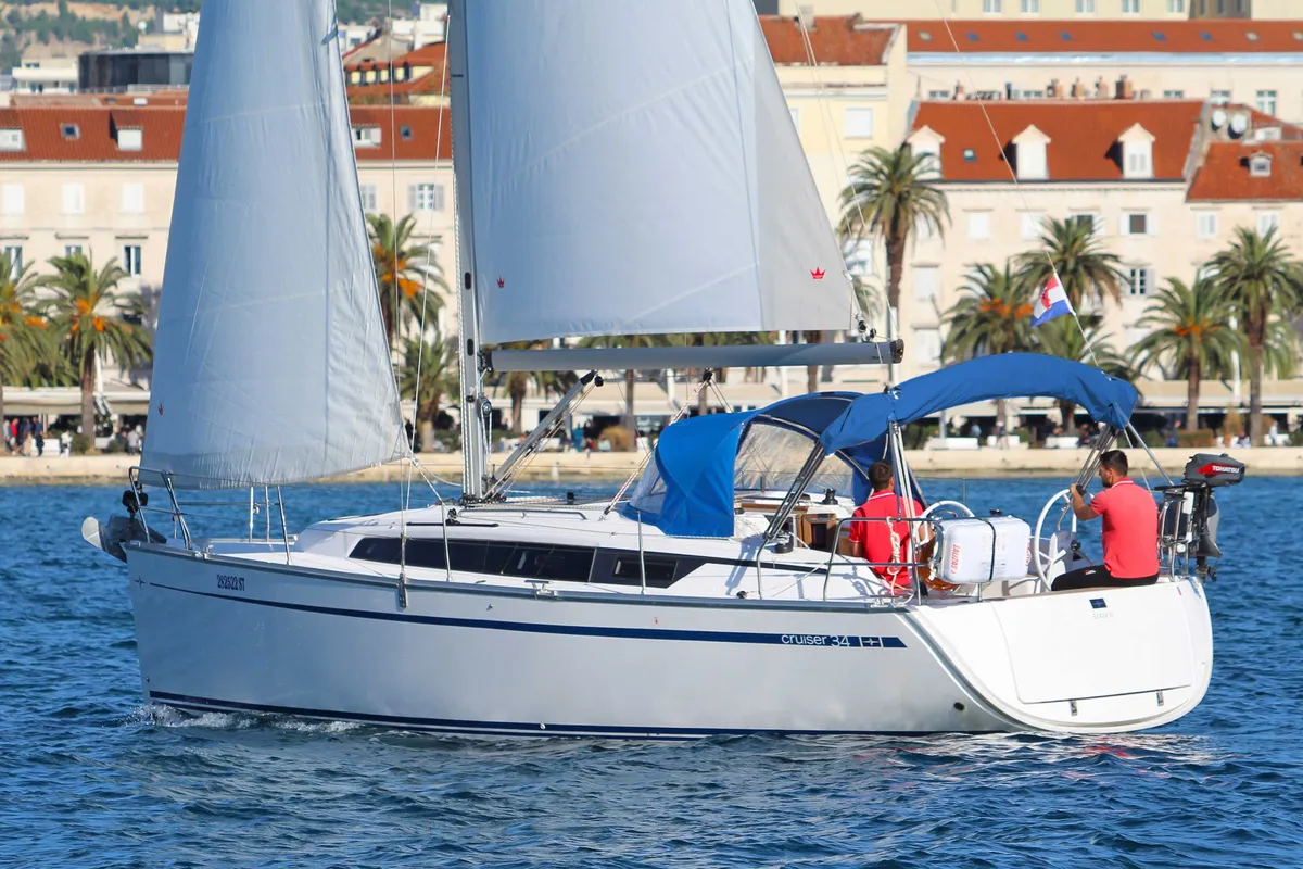 Exterior view of Lilith, a Bavaria Cruiser 34 sailboat at Split, Croatia