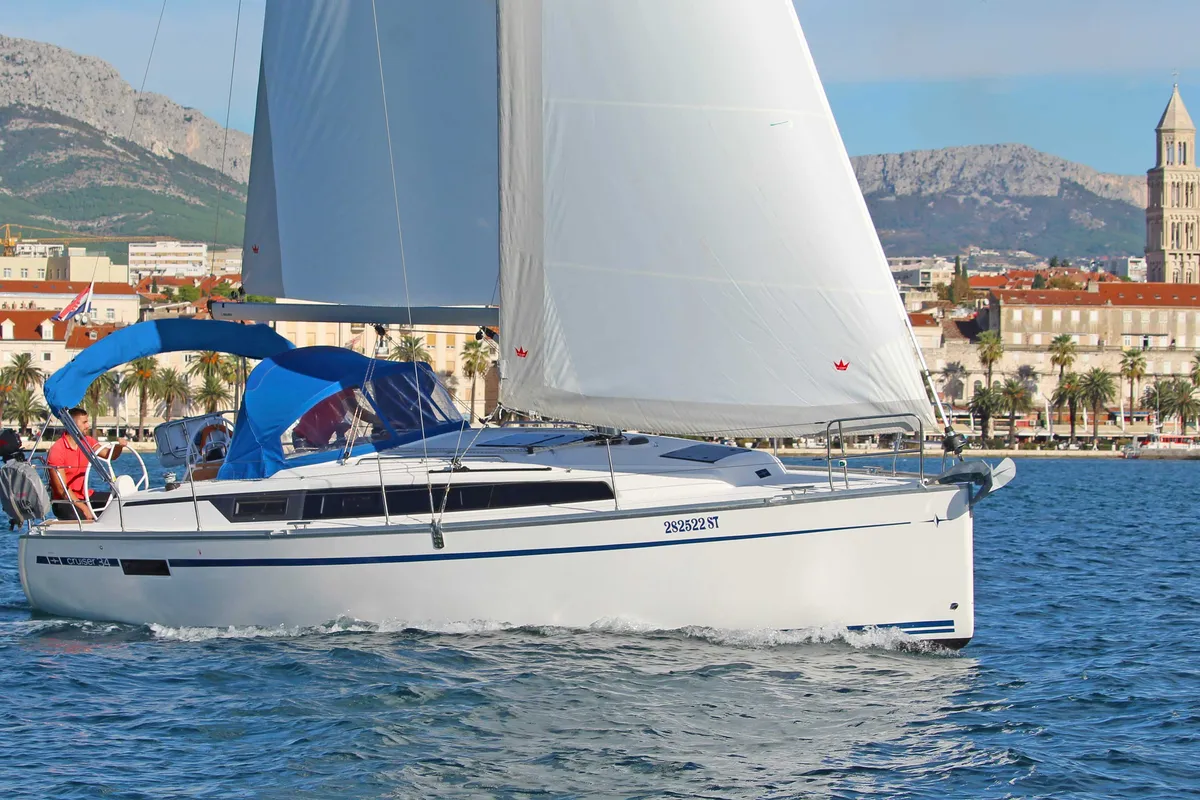 Exterior view of Lilith, a Bavaria Cruiser 34 sailboat at Split, Croatia