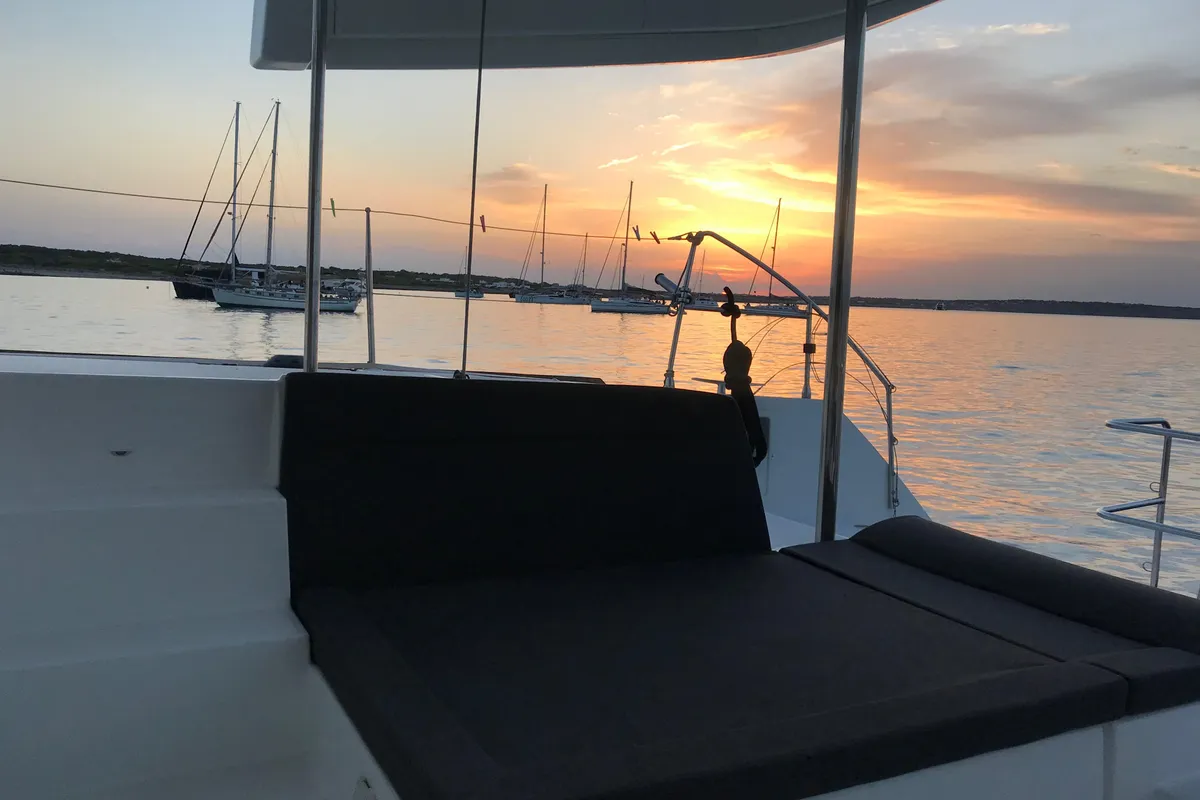 Deck of Martina Tres, a Lagoon 450 Fly catamaran at Ibiza, Spain