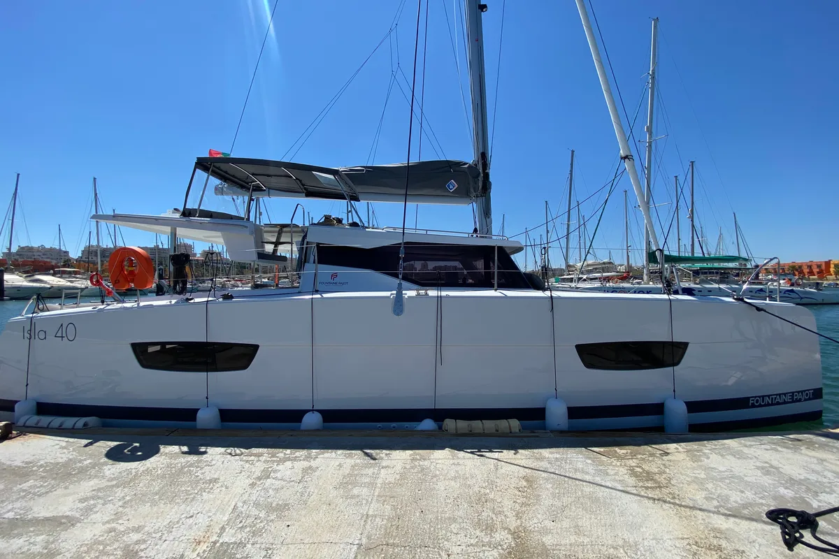 Exterior view of Foutaine Pajot Isla 40, a Fountaine Pajot Isla 40 catamaran at Portimão, Portugal
